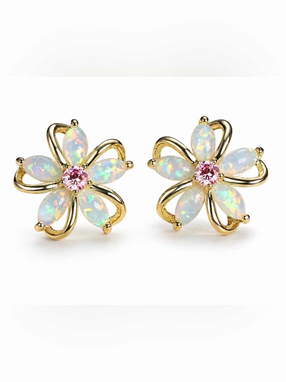 Gold Tone Floral Opal & Pink Crystal Stud Earrings - Women Jewelry